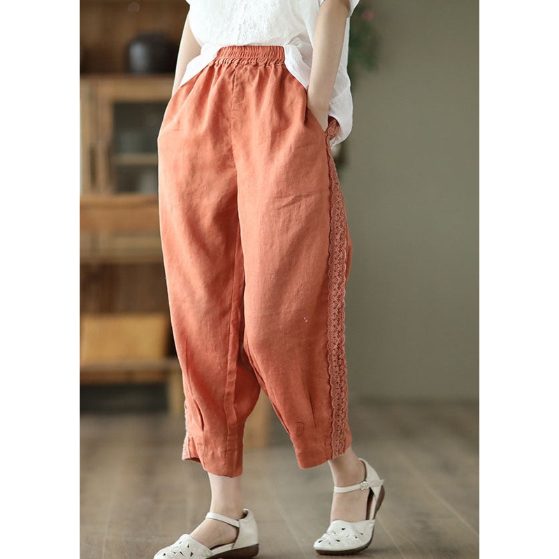 Organic Orange Elastic Waist Patchwork Lace Linen Harem Pants Spring