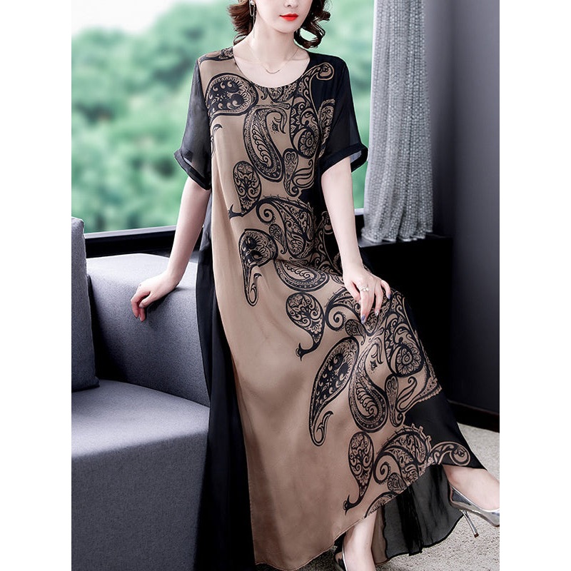 Plus Size Elegant Mulberry Silk Dress Short Sleeve