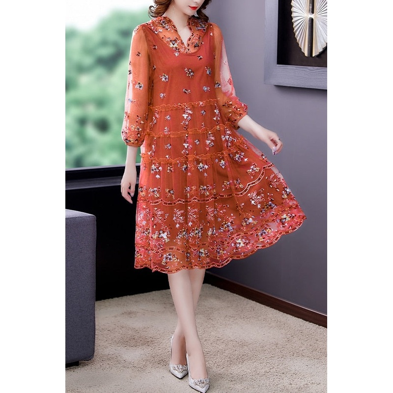 Plus Size Loose Premium Pink Embroidered Silk Dress