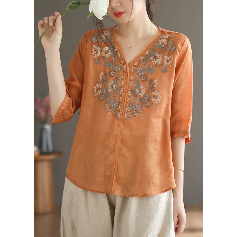 Plus Size Orange V Neck Embroideried Linen Blouse Top Half Sleeve