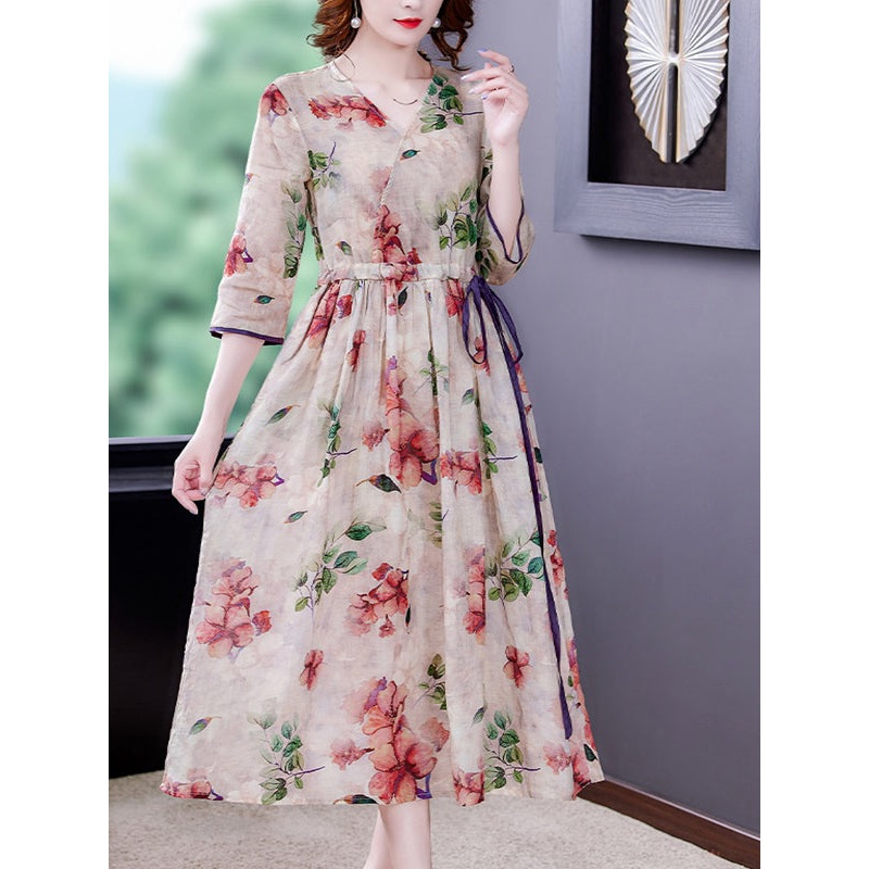 Plus Size Pink Flower Print Cotton Dress Short Sleeve