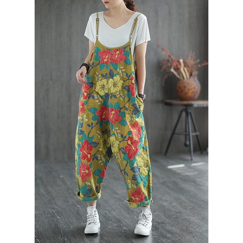 Plus Size Yellow Oversized Print Cotton Jumpsuit Ripped Jeans Spring
