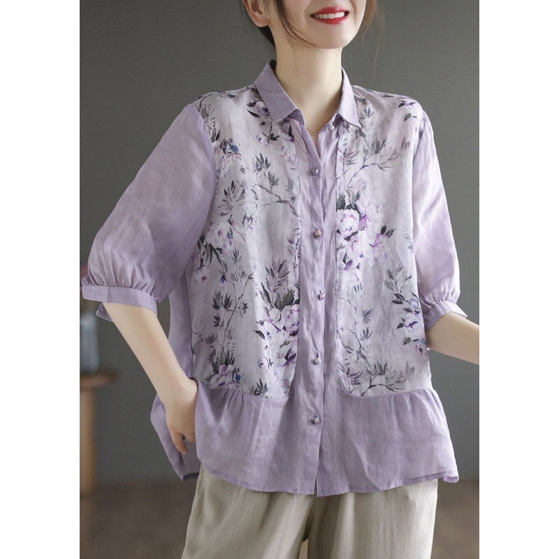 Purple Print Linen Blouse Top Peter Pan Collar Summer