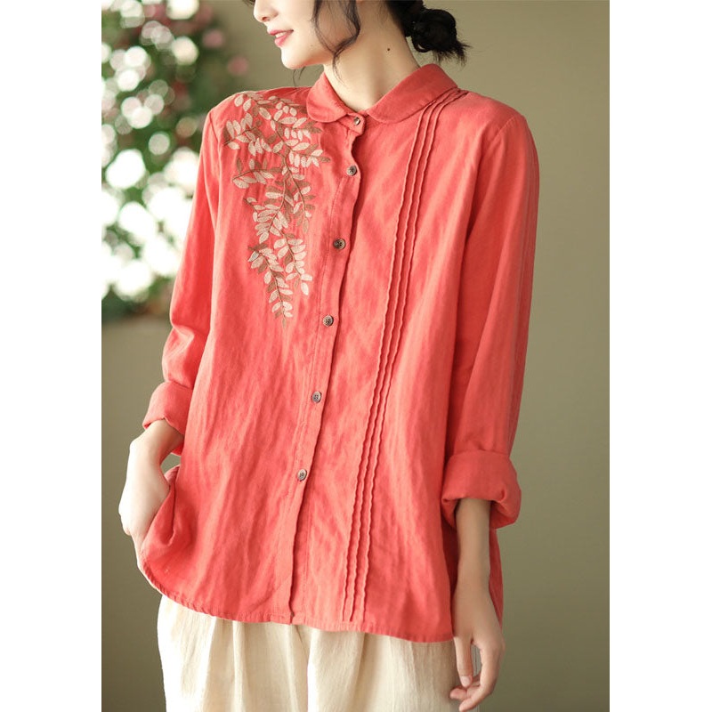 Red Slim Fit Cotton Shirt Top Embroideried Wrinkled Spring