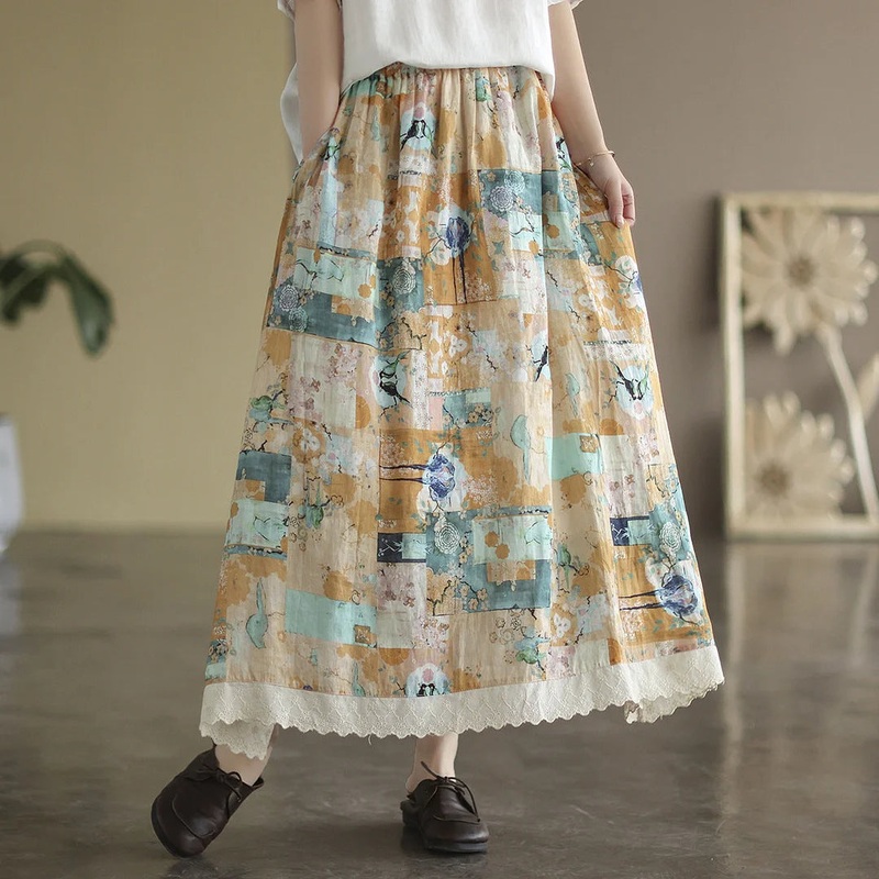 Retro Linen Print Cozy Loose Plus Size A-Line Trimmed Skirt