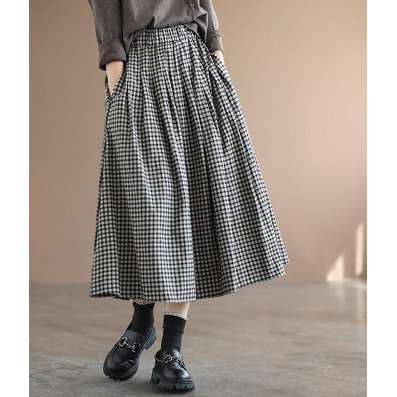 Retro Plaid Elastic Waist Mid-length A-line Skirt