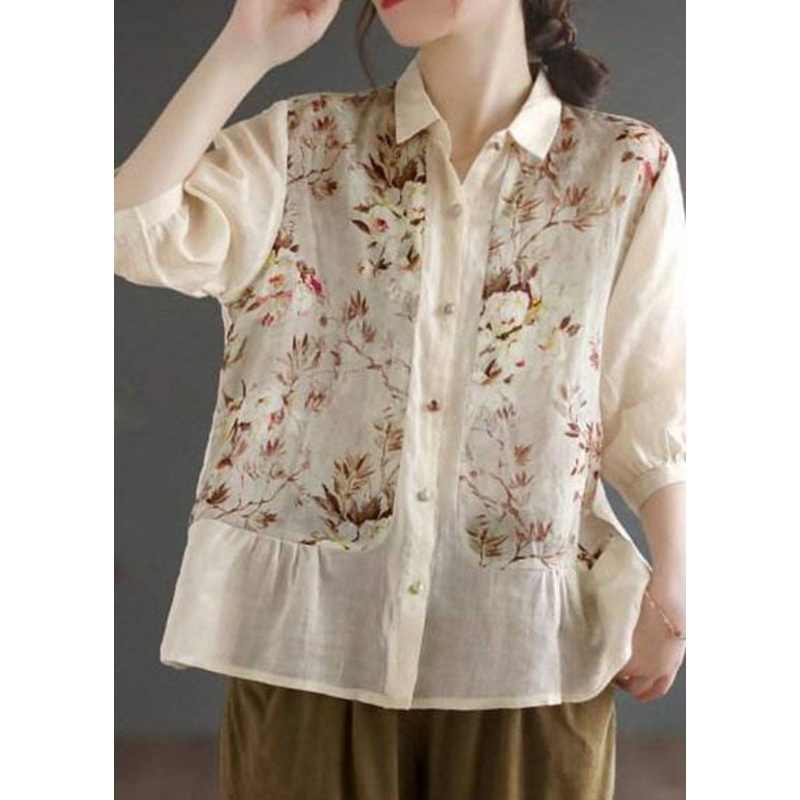 Simple Apricot Peter Pan Collar Print Linen Blouse Top Summer