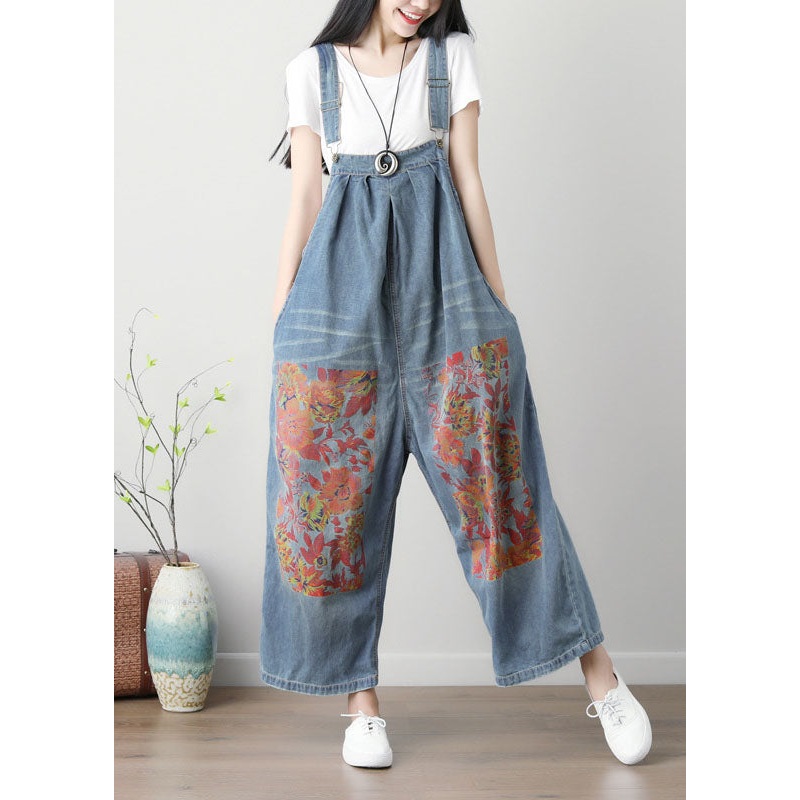 Simple Blue Patchwork Print Wide Leg Carpenter Pants Spring