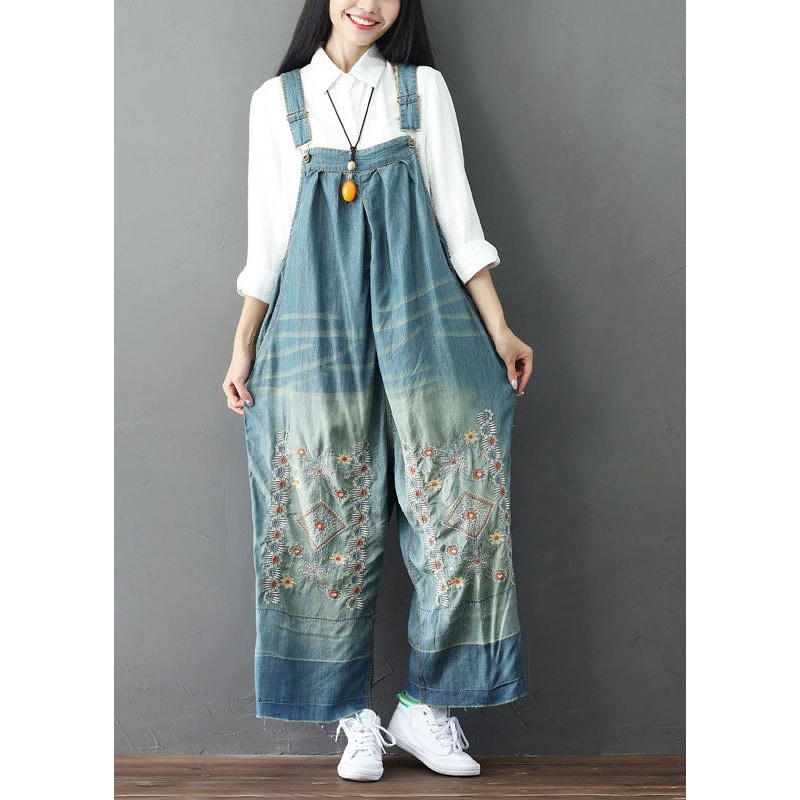 Simple Light Blue Patchwork Embroideried Denim Wide Leg Jumpsuit Spring