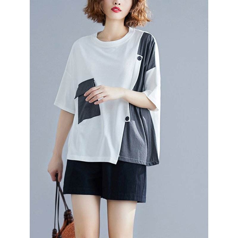Striped Patchwork Loose Casual Tops Short Sleeve