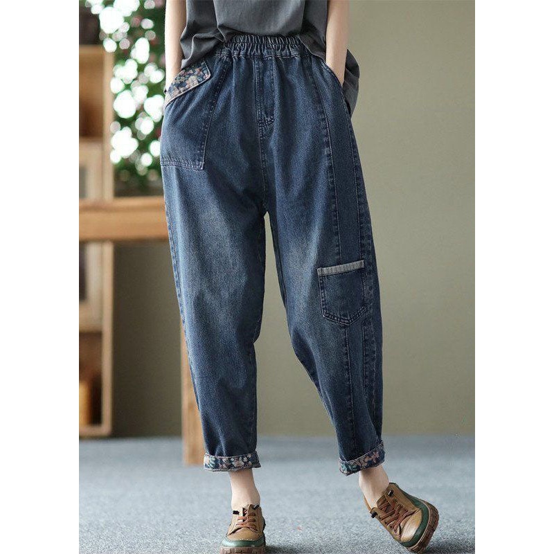 Style Blue Pockets Patchwork Denim Crop Pants Spring