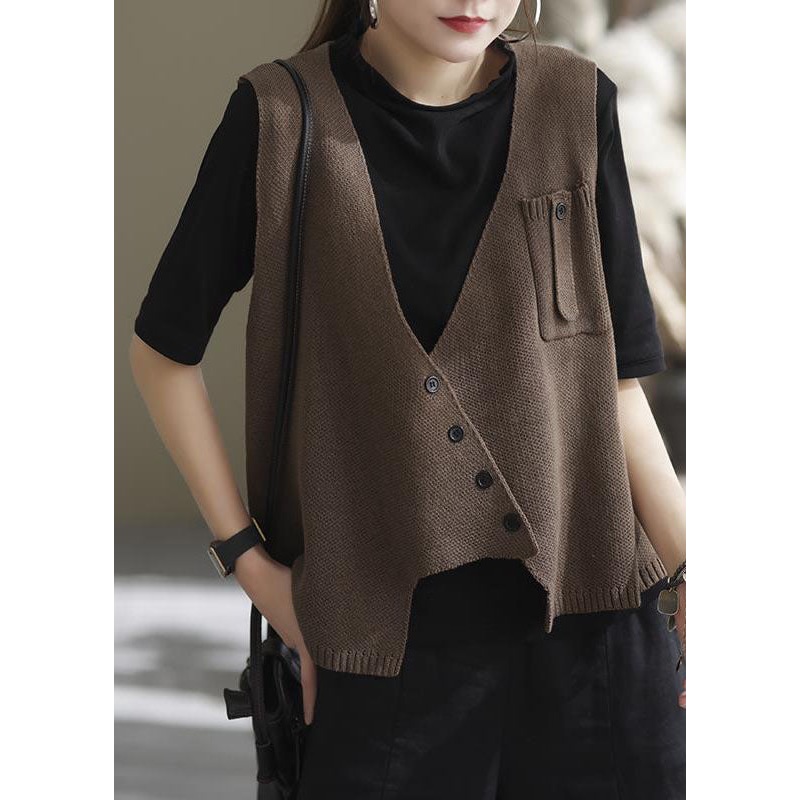 Style Coffee Asymmetrical Patchwork Knit Vest Sleeveless