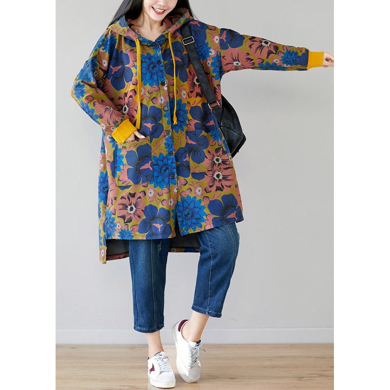 Style Colorblock Hooded Print Cotton Coat Spring