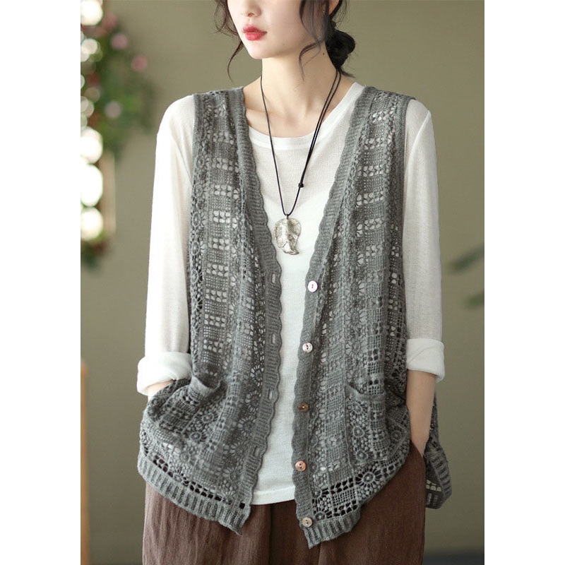 Style Grey V Neck Hollow Out Knit Vest Spring