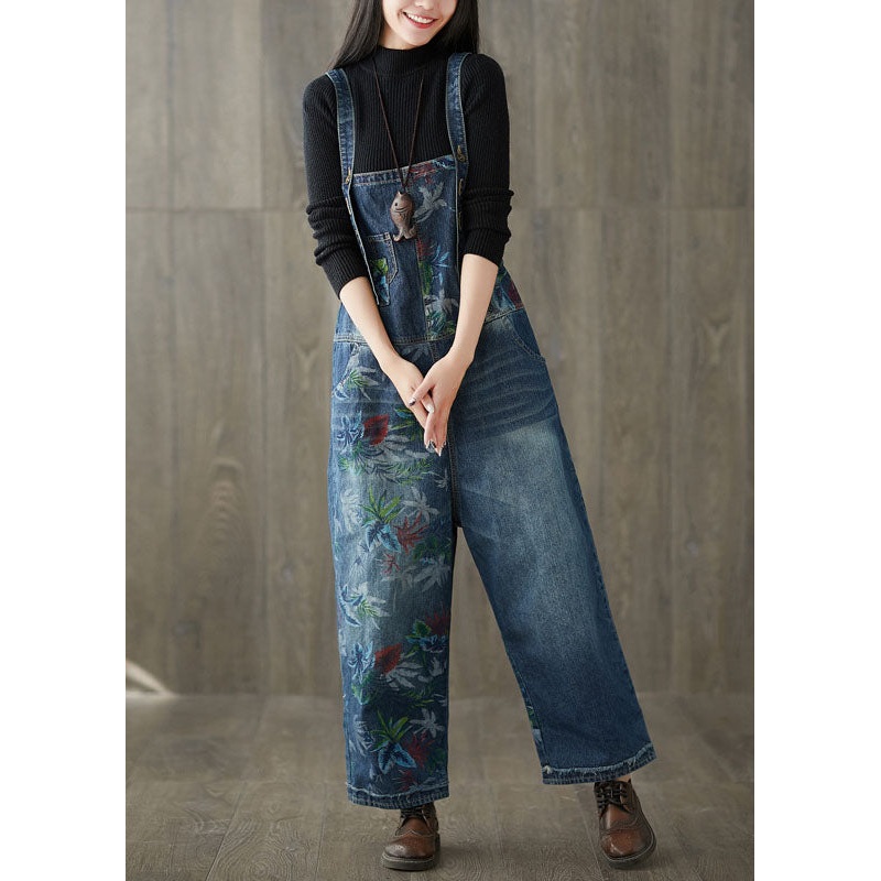 Style Navy Patchwork Print Denim Wide Leg Jumpsuit Spring