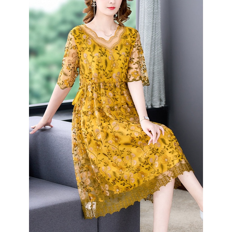 Summer Loose Floral Silk Hollow Out Midi Dress