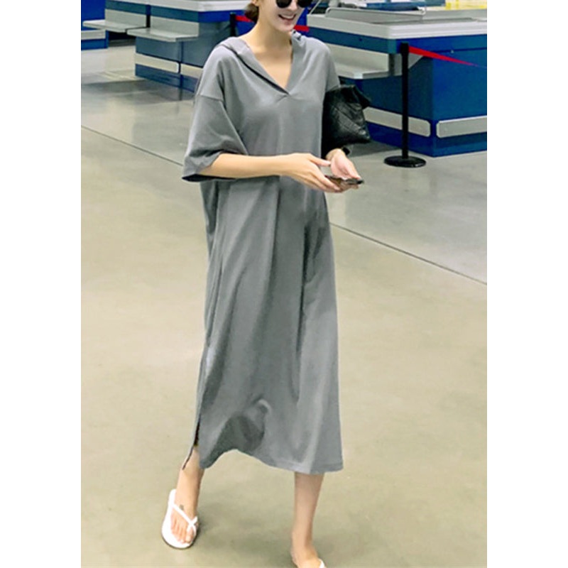 Unique Grey V Neck Side Open Cotton Hooded Long Dresses Short Sleeve