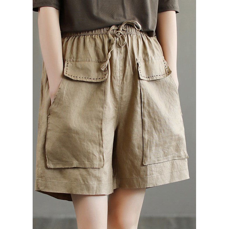 Unique Khaki Pockets Patchwork Linen Shorts Summer