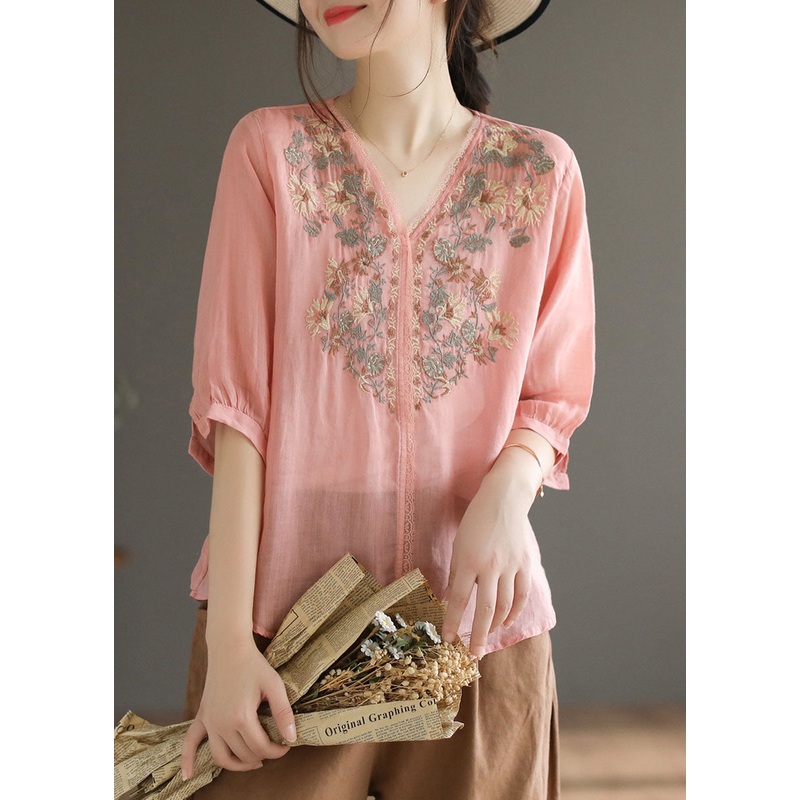 Unique Pink Embroidered Patchwork Linen Tops Half Sleeve