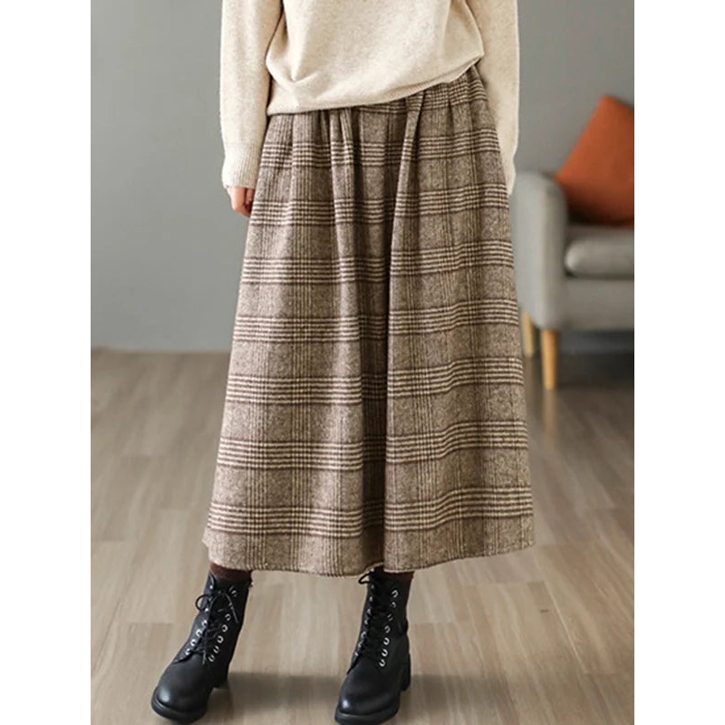 Vintage A-Line Loose Elastic Waist Checkered Skirts