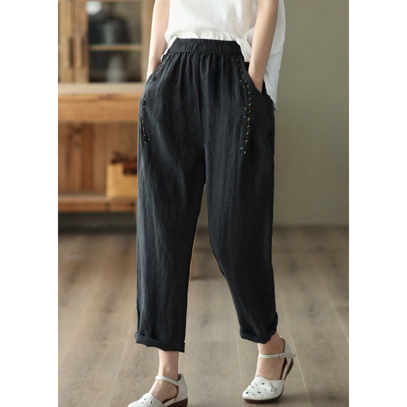 Vintage Black PocketsPatchwork Linen Pants Summer