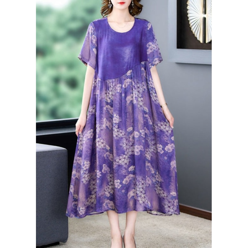 Vintage Casual Robe Floral Silk Midi Dress