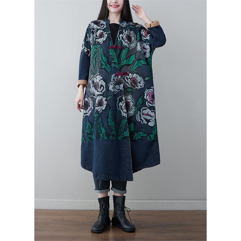 Vintage Denim Blue V Neck Patchwork Print Cotton Coats Spring