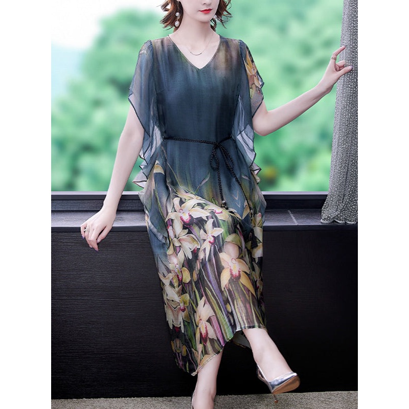 Vintage French V-neck Chiffon Silk Long Dress