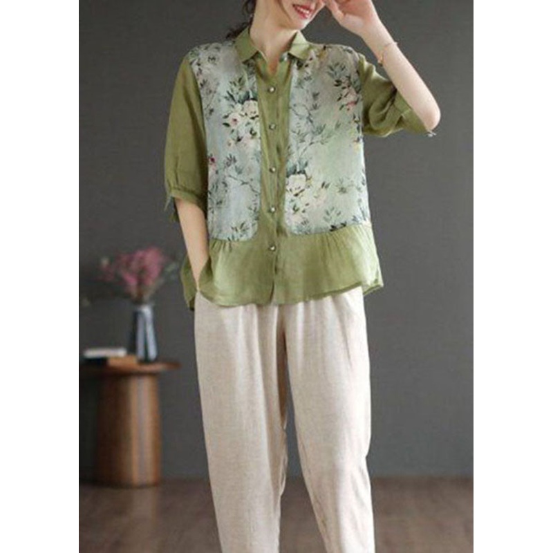 Vintage Green Peter Pan Collar Print Linen Top Summer