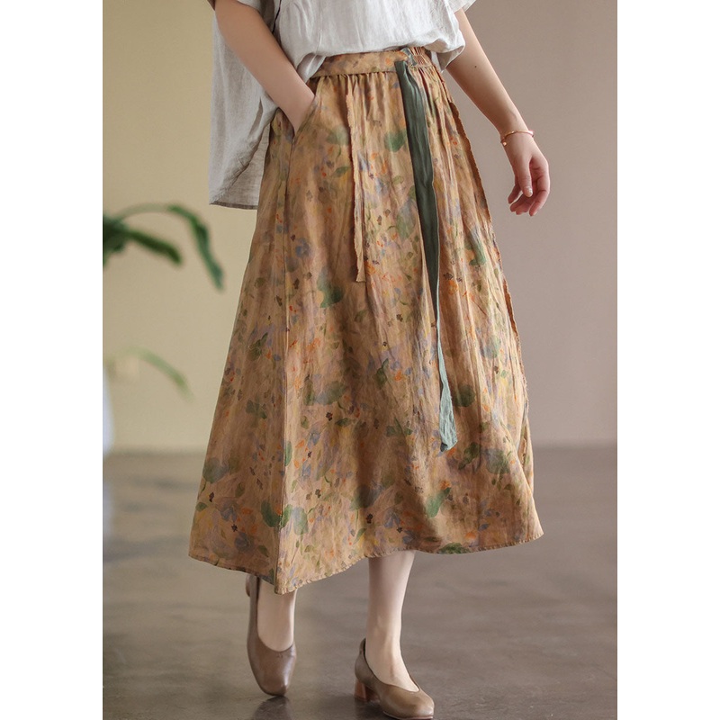 Vintage Khaki Elastic Waist Print Linen Skirt Spring