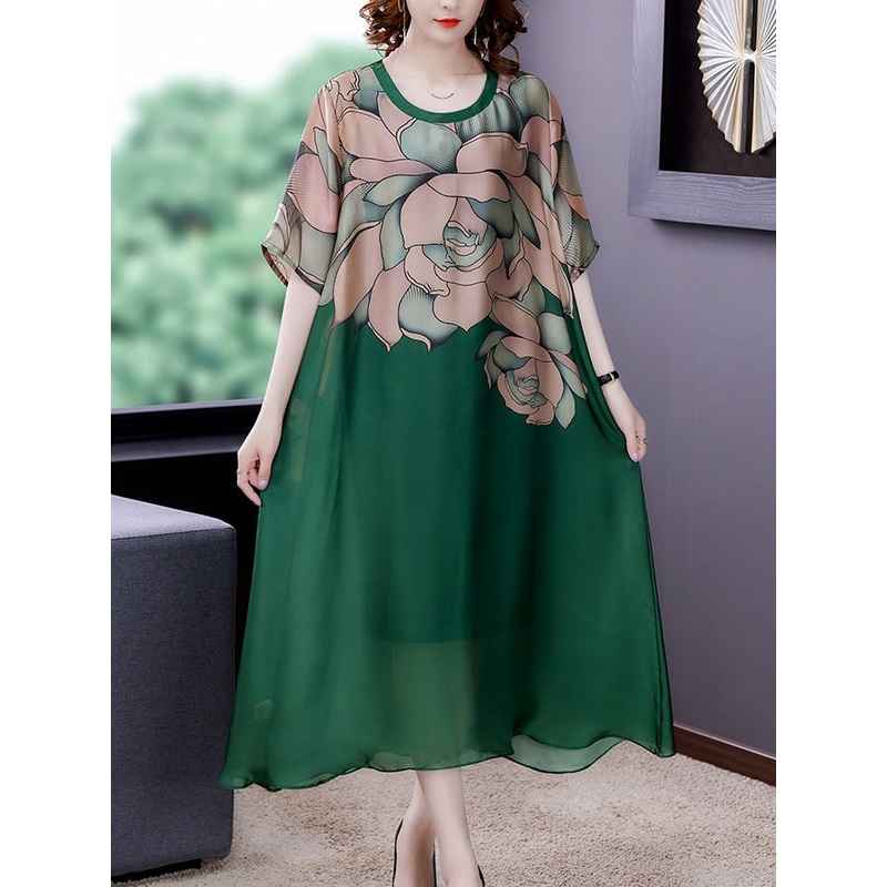 Vintage Loose Flower Printed Silk Dress Summer
