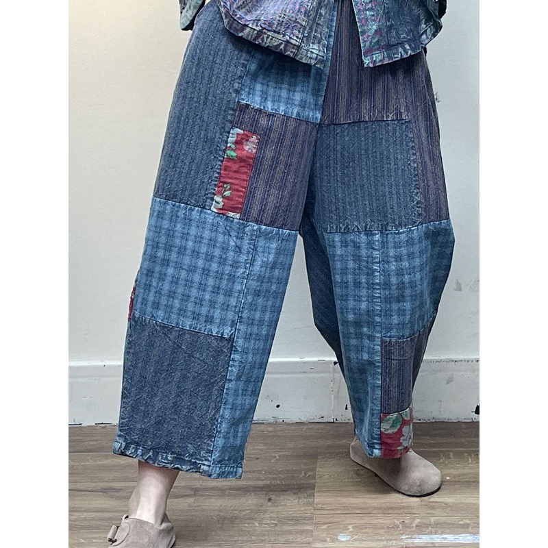 Vintage Patch Spliced Pocket Loose Pants