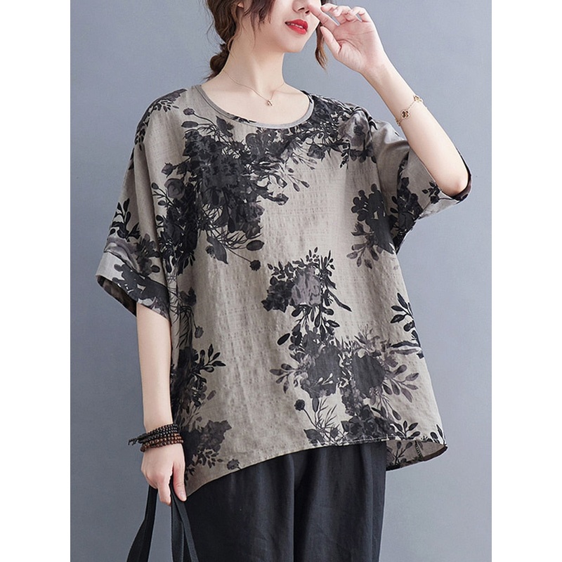 Vintage Plus Size Flower Printed Casual Loose Tops