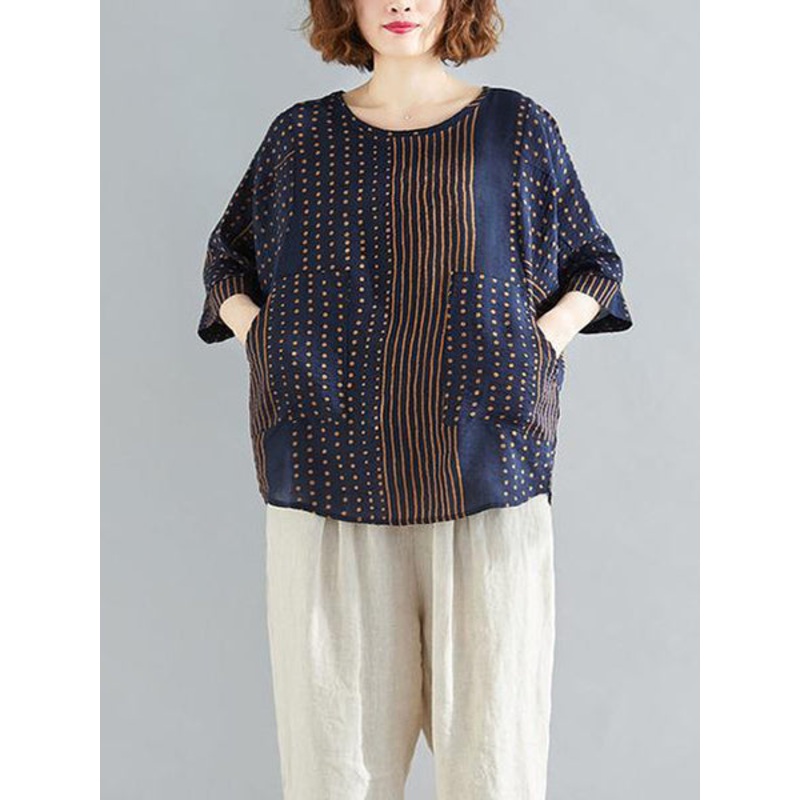 Vintage Polka Dot Striped Cotton Tops