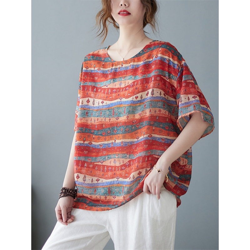 Vintage Red Striped Print Casual Loose Tops