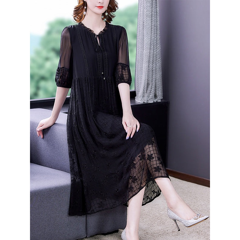 Vintage Silk Embroidery Loose Midi Long Dress