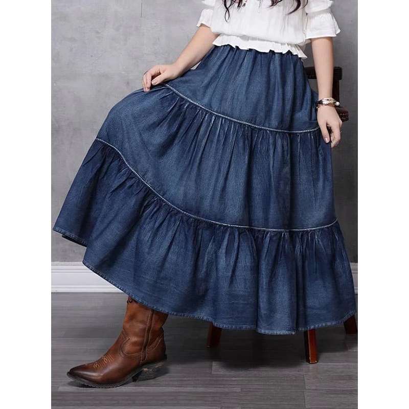 Vintage Splicing Pleated Jean Skirt
