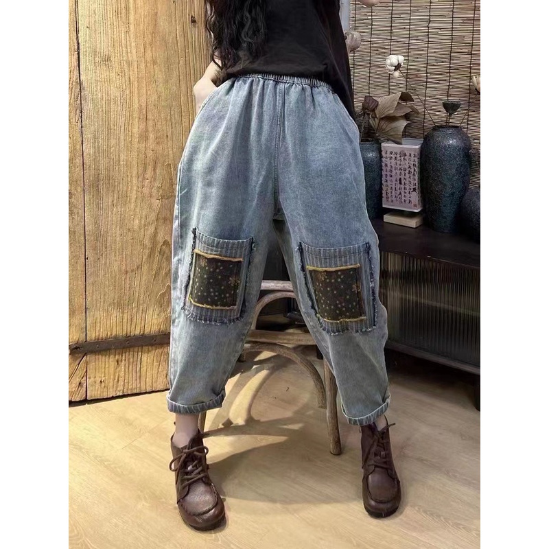 Women Artsy Patch Spliced Pocket Denim Pants