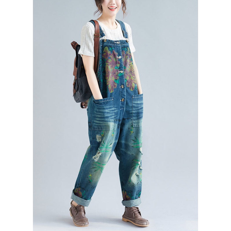 Women Blue Pockets Patchwork Print Denim Jumpsuit Spring