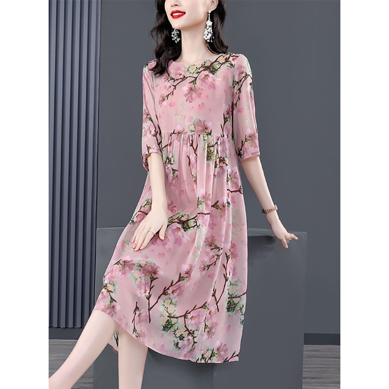 Women Boho Floral Silk Loose Waist Midi Dress