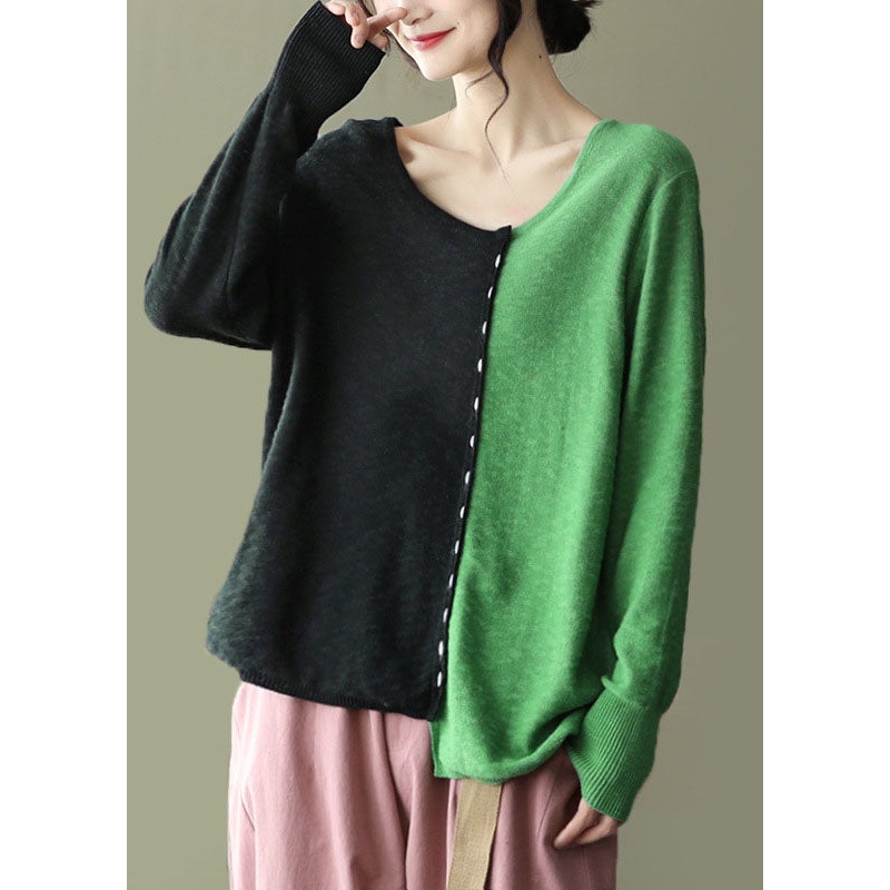 Women Colorblock O-Neck Oversized Patchwork Knit Tops Spring