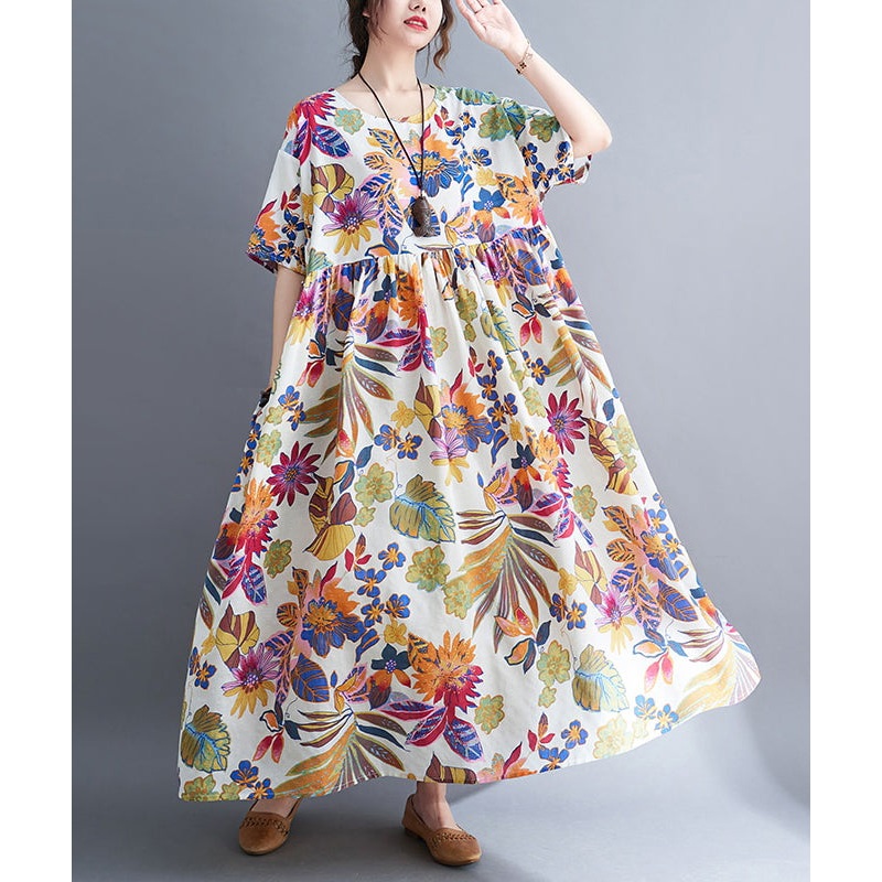 Women Fashion Floral Print Boho Long Dress Short Sleeve