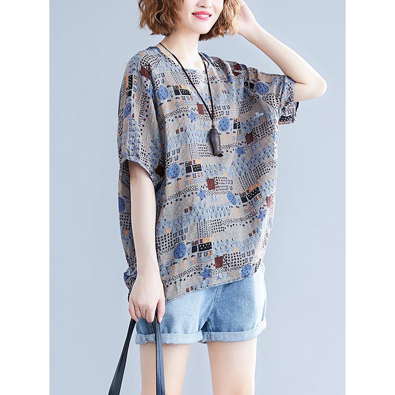 Women Plus Size Cotton Tee Linen Print Tops