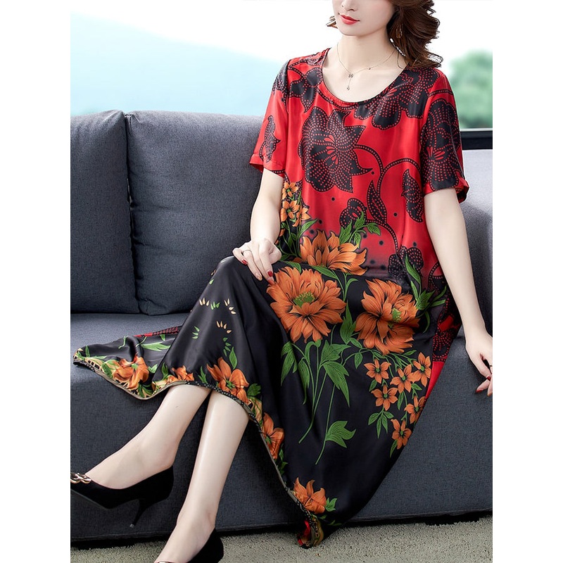 Women Plus Size Loose Silk Flower Print Dress