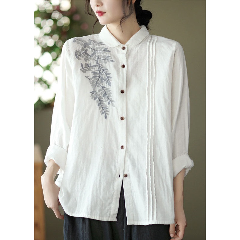Women White Peter Pan Collar Embroideried Cotton Blouse Top Spring