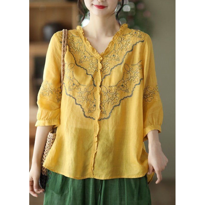 Yellow Patchwork Linen Top Ruffled V Neck Summer