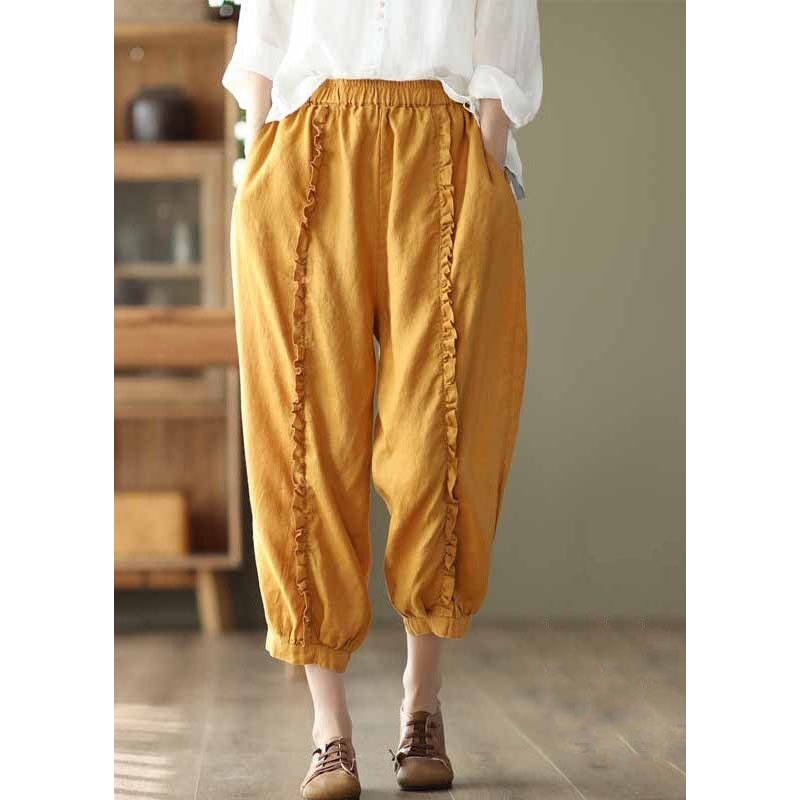 Yellow Pockets Elastic Waist Linen Crop Pants Ruffled Summer