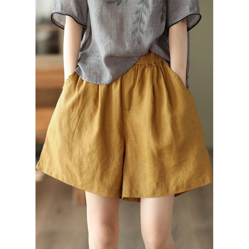Yellow Pockets Elastic Waist Linen Shorts Summer