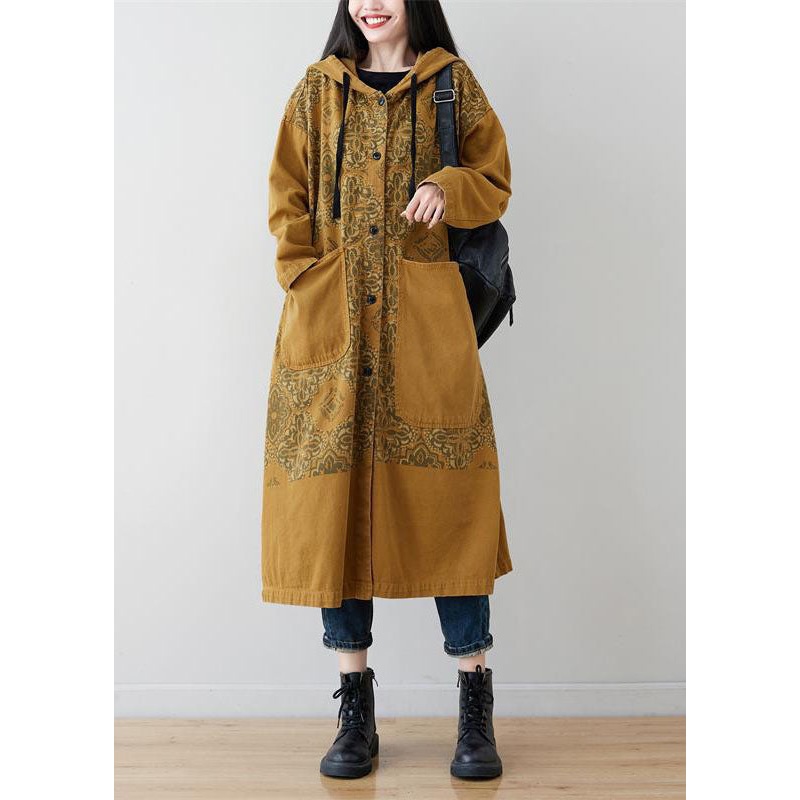 Yellow Pockets Patchwork Print Denim Hooded Long Coat Spring