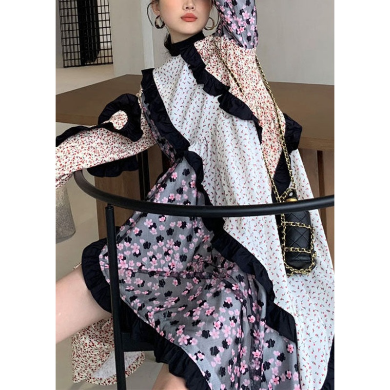 Art Colorblock Ruffled Patchwork Print Chiffon Dresses Spring